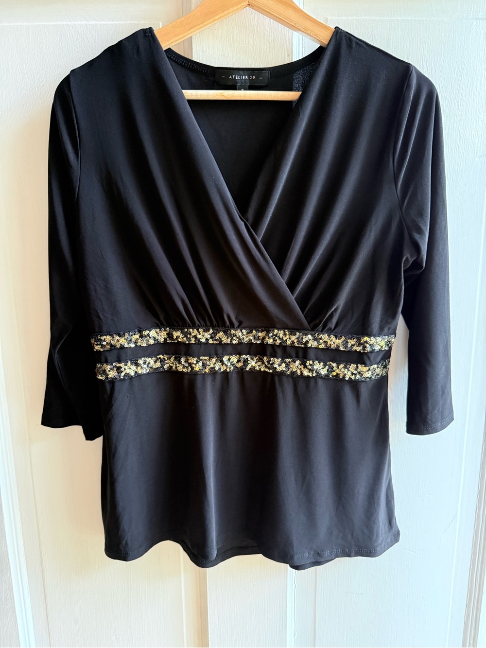 Atelier 29 Black V-Neck Sequin-Trim Surplice Blouse